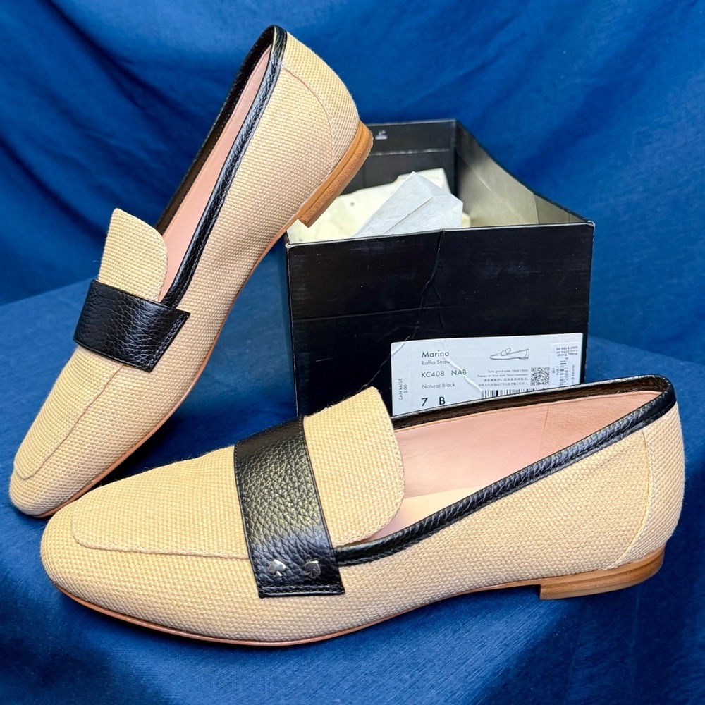 KATE SPADE Marina Natural Beige Raffia Straw Loafers Flats Ballet Shoes; SIZE 7